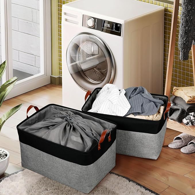 DULLEMELO Extra Large Canvas Fabric Storage Basket, 70L Foldable Closet Storage Bin with Handles, 22" Large Blanket Basket Living Room for Storage Toys, Pillows, Clothes, Books (Black&Grey)