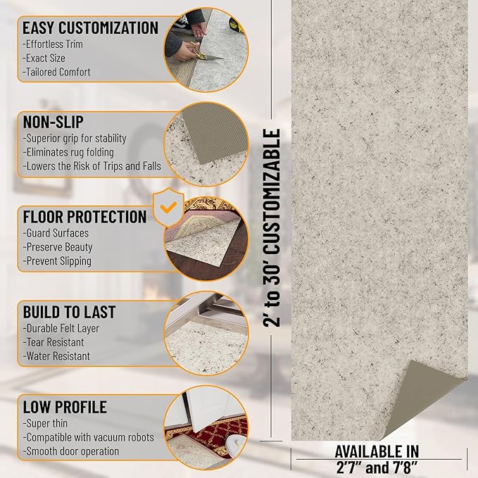 Ottomanson 2' x 7'8" Non-Slip Rug Pad Gripper 1/12 Inch Ultra Thin Dual Surface Felt + Rubber Gripper - Safe for All Floors, Cream