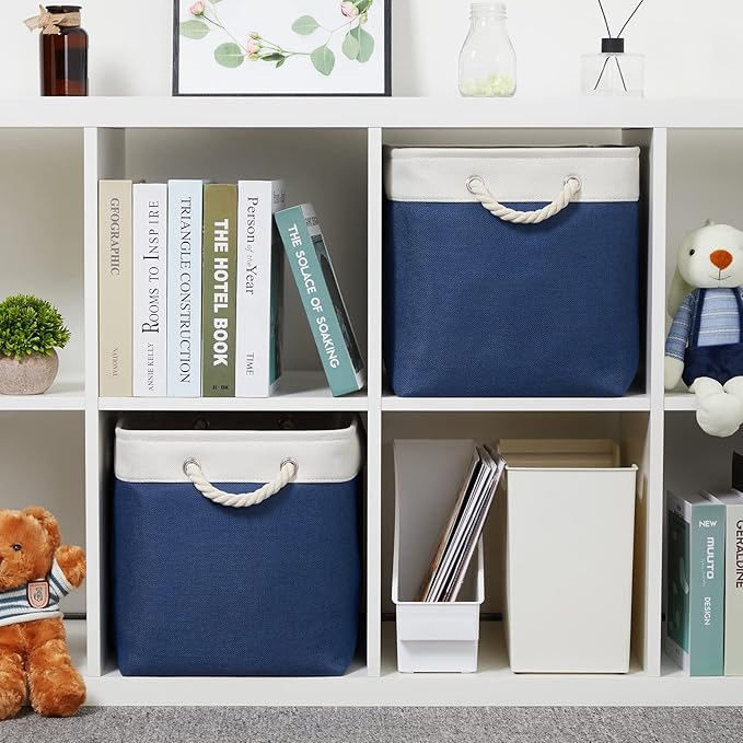 Temary Storage Baskets for Shelves, 2 Pcs Fabric Storage Bins Empty Gift Baskets for Organizing Clothes, Books, Decorative Basket with Rope Handles (White&Blue,16Lx12Wx12H Inches)