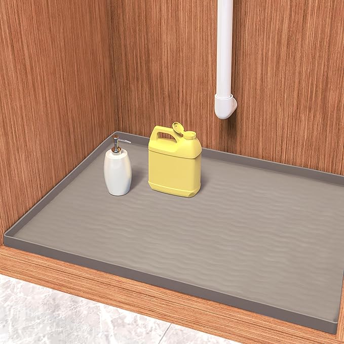 URMONA Waterproof Silicone Under Sink Mat 19'' x 19'' Shelf Liner for Kitchen and Bathroom, Cabinet and Counter Protector, Storage and Organizers, Litter Mat, Pet Cat Puppy Essentials(Beige)