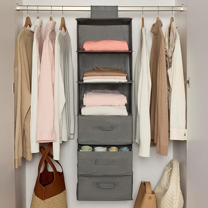 Amazon Basics 6-Tier Hanging Shelf Closet Storage Organizer with Removable Drawers, Grey, 6.9"D x 13.6"W x 12.2"H