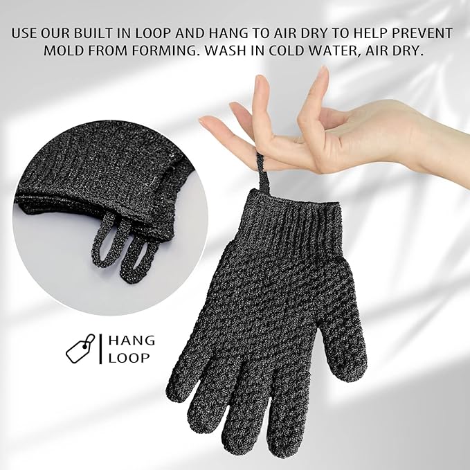 Evridwear Exfoliating Dual Texture Bath Gloves for Shower, Spa, Massage and Body Scrubs, Dead Skin Cell Remover, Gloves with Hanging Loop (1 Pair Black Heavy Glove)