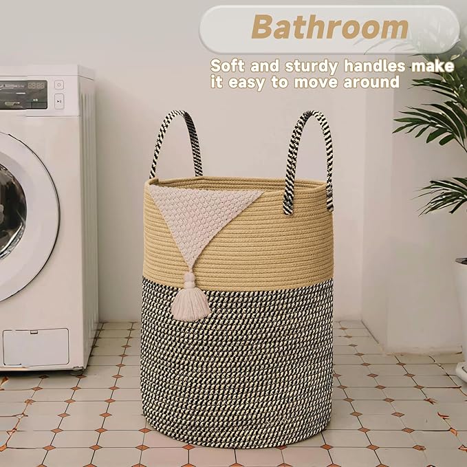 Large Woven Laundry Basket Hamper,80L Cotton Rope Storage Bin for Blankets,Toys and Clothes,Decorative Tall Nursery Hamper for Living Room,Baby Nursery,Bathroom and Bedroom,Brown and Black