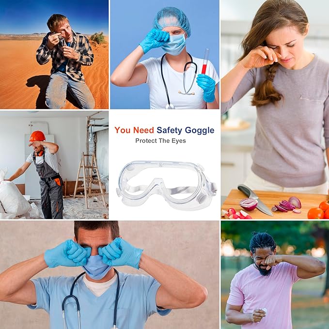 3 Pack Safety Goggles Protective Adjustable Goggles Over Glasses Splash Eye Protection Adjustable For Lab Construction Worker Onion Cutting Clear Lens Eyewear White