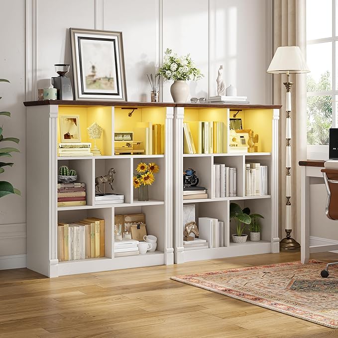 EnHomee 7 Cube Storage Organizer with LED Light and Charging Station Wood Cube Shelf White Bookshelf for Bedroom Living Room,Office,White