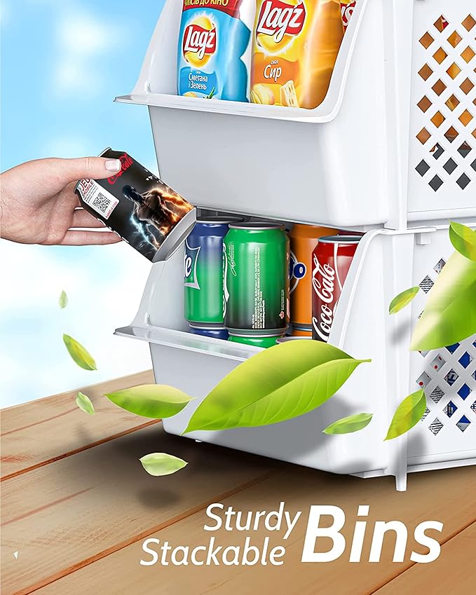 Skywin TidyFriend Plastic Stackable Storage Bins for Pantry, 8 Pack White Stackable Bins For Organizing Food, Kitchen, and Bathroom Essentials (Random)