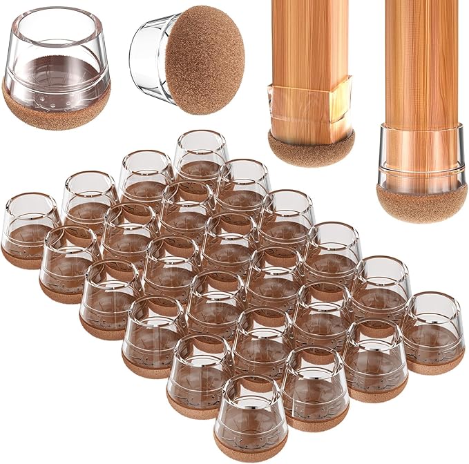 Chair Leg Floor Protectors Medium 24Pcs,Silicone Chair Leg Protectors for Hardwood Floors/Tiles,360°Wrapped Felt Bottom to Prevent Scratch and Reduce Noise, Round Clear