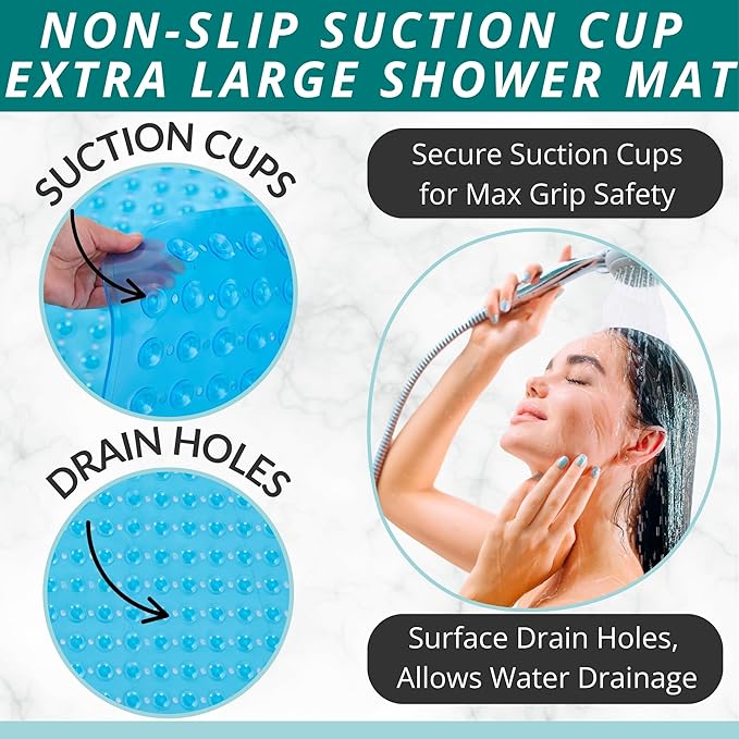 ENKOSI Extra Large Square Non Slip Shower Mat - 31 x 31-inch XL Bathroom Shower Mat - Square Shower Matts for Shower Stall Floors | Secure Suction Cups and Drain Holes (31x31 Clear Blue)