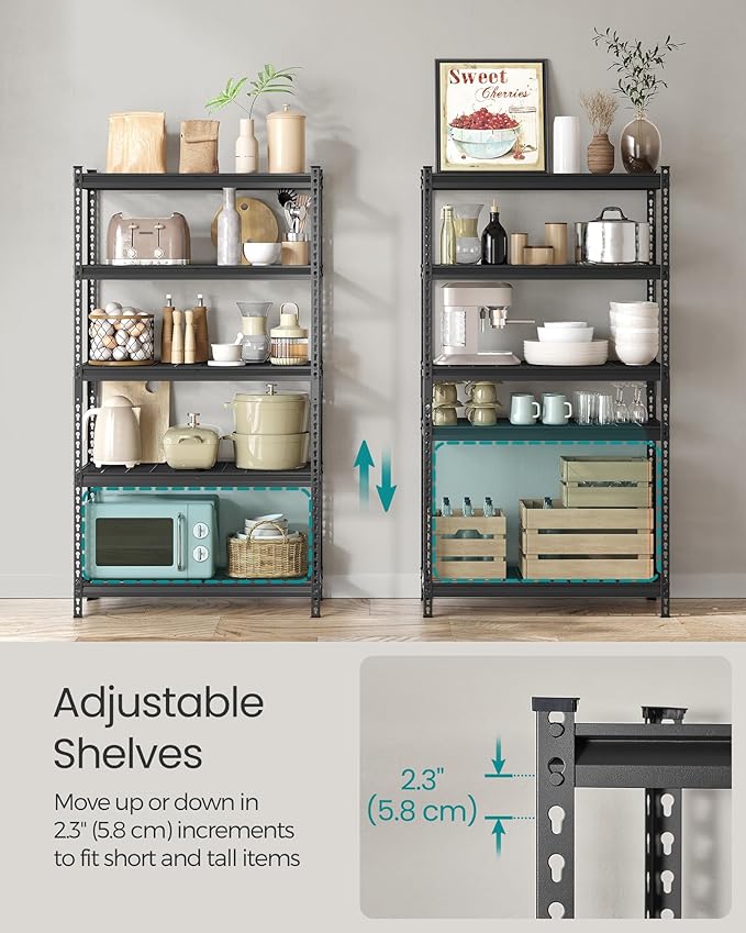 SONGMICS 5-Tier Storage Shelves, Heavy-Duty Garage Shelving, Adjustable Shelving Unit, Steel Shelf, Boltless Assembly, for Garage, Shed, 2,250 lb Load, 18 x 36 x 72 Inches, Ink Black UGLR453B01