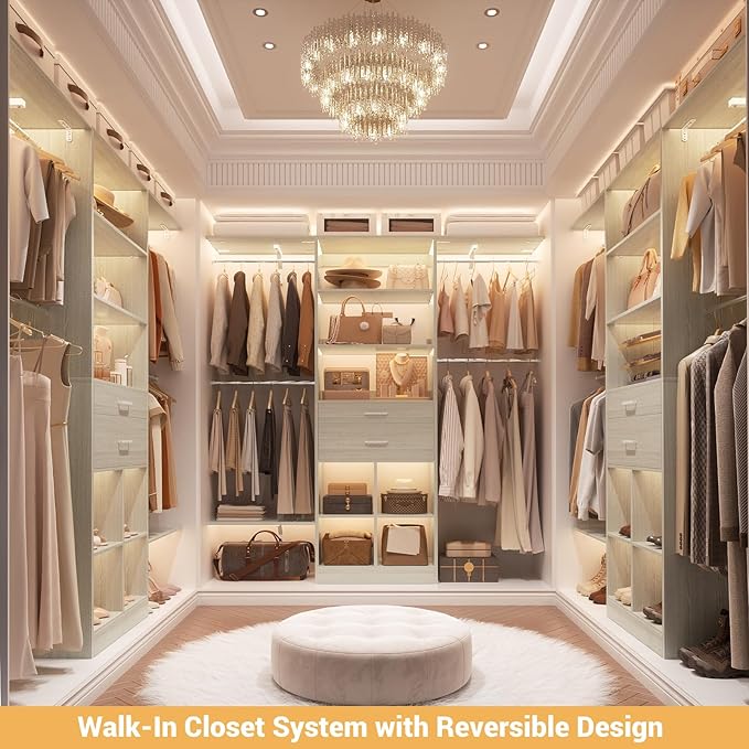 5FT Small Closet System, Baby Closet Organizer System with Wooden Drawers, 60 Inches Walk in Closet System with 5 Hanging Rods and 3 Reversible Hanging Shelving, Greige Oak