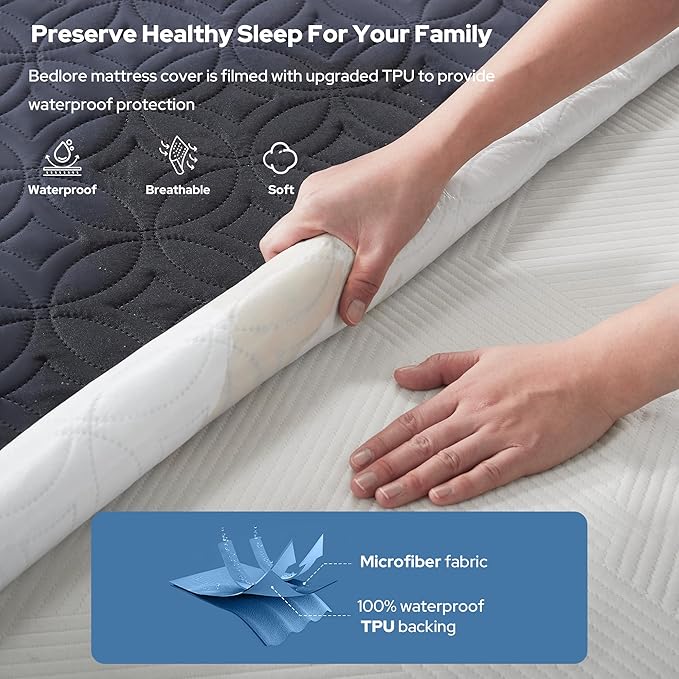 BEDLORE Waterproof Mattress Protector, King Size Mattress Pad with Deep Pocket 6"-18" Depth, Soft Dirt-Proof Double Bed Mattress Cover for Bedroom, College Dorm, Hotel (Navy Blue)