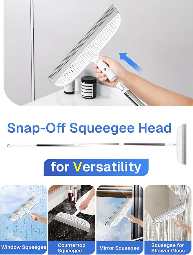 Floor Squeegee & Broom with Long Handle, 180° Rotating Head Silicone Blade Removes Water & Pet Hair | Squeegee for Tile, Shower Glass, Windows, Garage, Deck & Patio