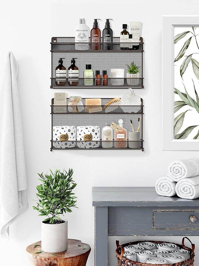 CAXXA 2 PK 2 Tier Mesh Kitchen Counter-top or Wall Mount Spice Rack Jars Storage Organizer, Bronze