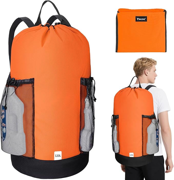 BALEINE 120L Laundry Bag Backpack, 900D Oxford Fabric Large Travel Laundry Bags with Shoulder Straps and 2 Mesh Pockets for College Dorm, Apartment, Laundromat (Orange, 120L)