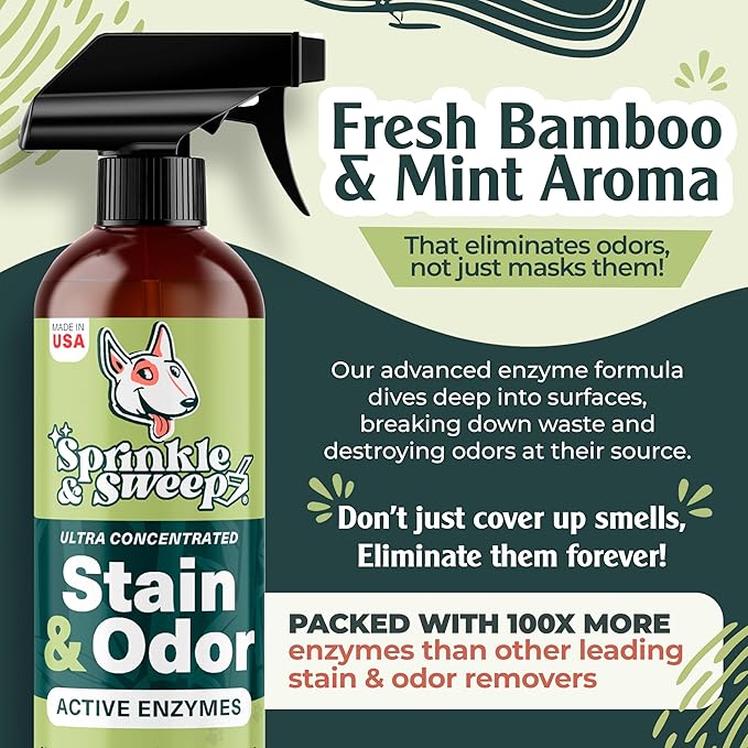 Sprinkle & Sweep Pet Stain and Odor Remover - Super Concentrated Pet Odor Eliminator - No Scrubbing Dog & Cat Urine Enzyme Cleaner Destroyer - Carpet Cleaner for Multiple Surfaces (24 oz Pack of 2)