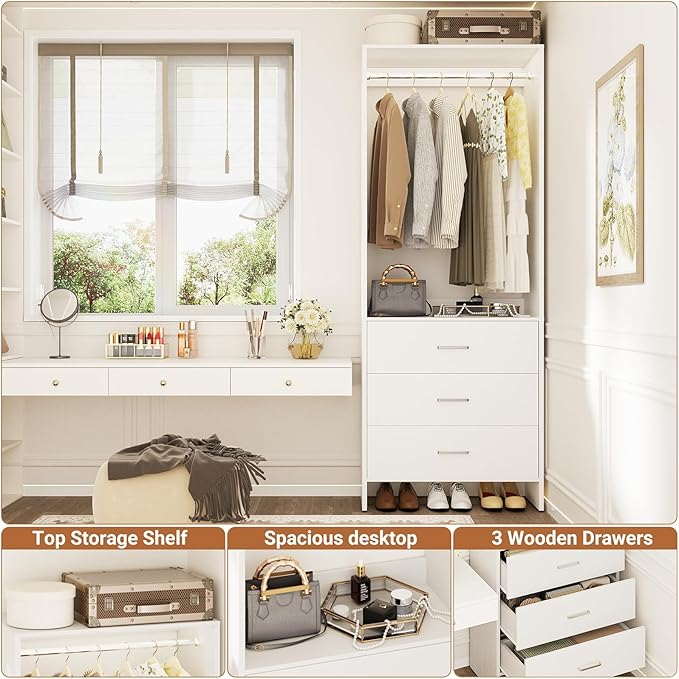Aheaplus 2FT Closet System with 3 Drawers, 24’’ Closet Organizer, Wood Closet Organizer System, Walk-in Closet or Small Closets Wardrobe, Clothes Rack with Hanging Rods,-E6, White