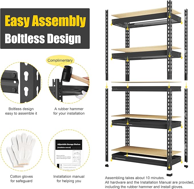 PrimeZone Storage Shelves 2 Pack 5 -Tier Heavy Duty Shelf, 1325 lbs /Pack Capacity Adjustable Metal Garage Storage Rack, Shelving Unit Rack 28" x 12" x 59" for Warehouse Pantry Closet Kitchen Black