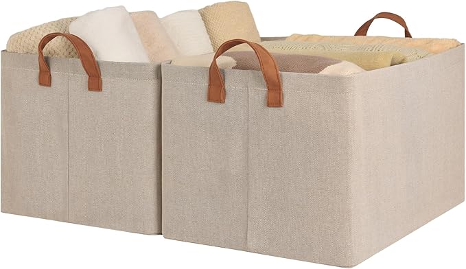 StorageWorks Storage Bins, Fabric Storage Bins for Shelves, Extra Large Storage Baskets with Metal Frame, Closet Baskets and Bins with Handles, Jumbo, Brown and Beige, 2-Pack