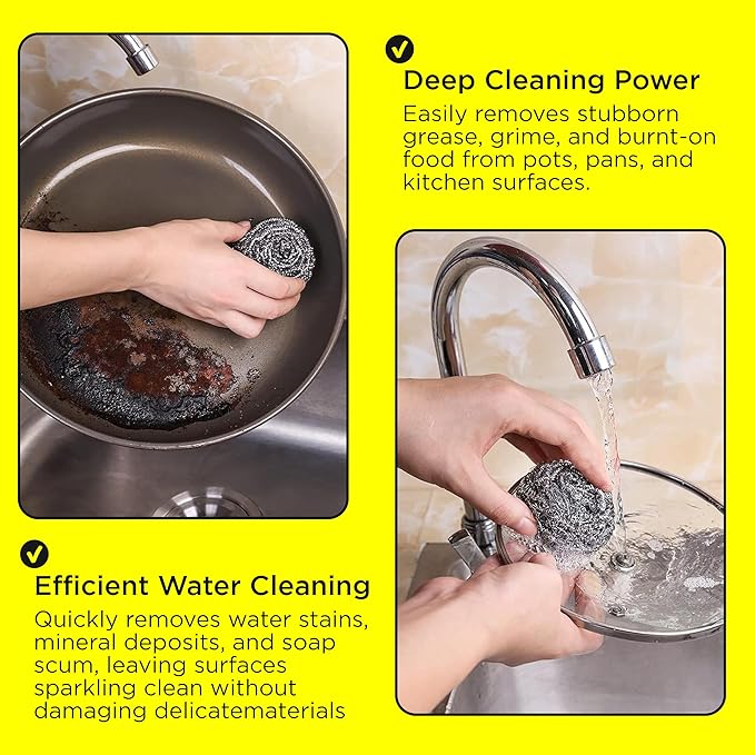 12Pcs Simba Stainless Steel Wool Scrubber Pads for Cleaning Pans, Pots, Dishes, Ovens, Grills, Sinks, Bathroom and Kitchen, Scourer 12 Pack