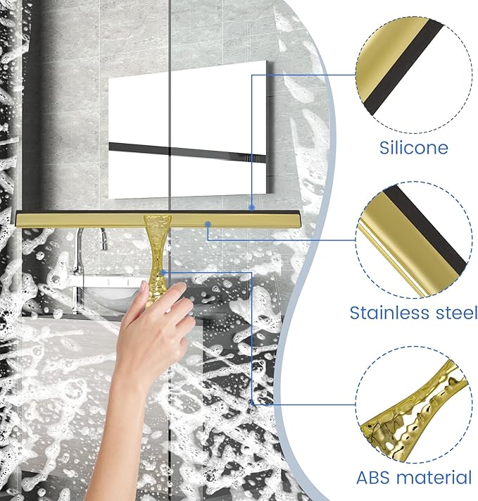 2-Pack Shower Squeegee for Glass Doors, 12 inch Gold Stainless Steel & 5 inch Pink Mini with 2 Gold Hooks, Non-Slip Hammered Handle, Silicone Wiper for Shower, Bathroom, Tile and Mirror