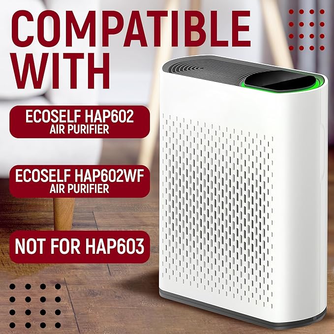 2 Pack HAP602 Replacement Filters Compatible with ECOSELF HAP602/HAP602WF, 3-in-1 HEPA Filter for Air Purifier, High-Efficiency Home Use
