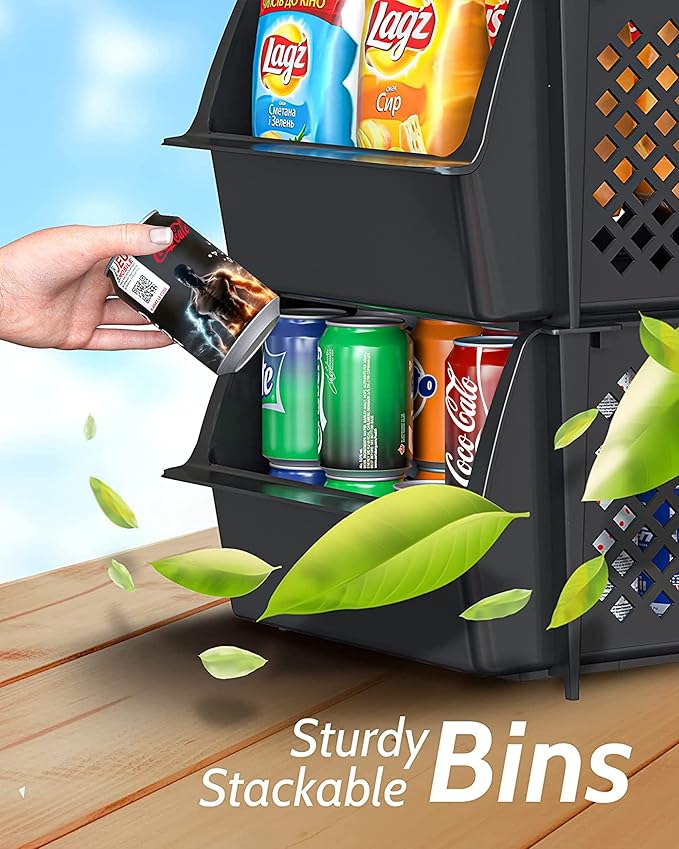 Skywin TidyFriend Plastic Stackable Storage Bins for Pantry, 24 Pack Stackable Bins for Organizing Food, Kitchen, and Bathroom Essentials (Black)