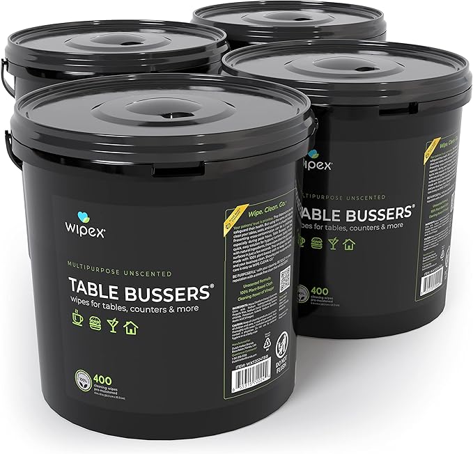 Wipex Table Bussers - Natural Cleaning Vinegar Counter and Table Wipes, 400 Ct Unscented Disposable Plant-Based Cloth for Tables, Counters, Surfaces for Restaurant, Cafes and Home Use, Pack of 4