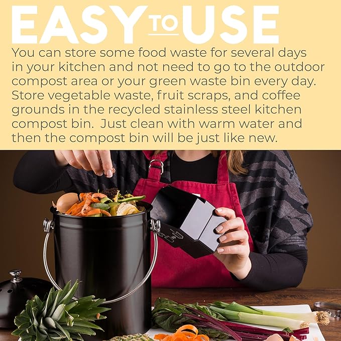 EPICA Countertop Compost Bin Kitchen | 1.3 Gallon | Odorless Composting Bin with Carbon Filters | Indoor Compost Bin with Lid | Stainless Steel Kitchen Composter for Food Scraps & Waste Recycling
