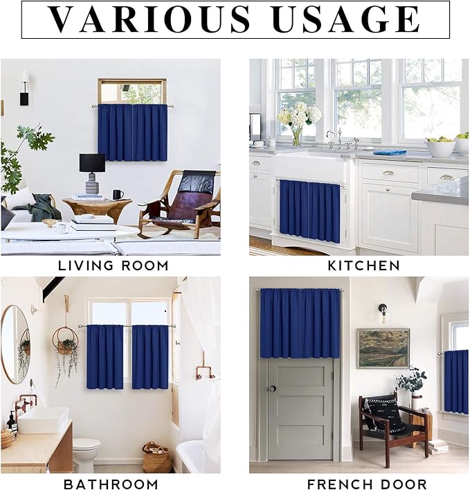 RYB HOME Kitchen Curtains Blackout Half Window Short Drapes for Bathroom Bedroom Small Window Covering, 29 inch Wide x 24 inch Long per Panel, Marine Blue, 2 Panels
