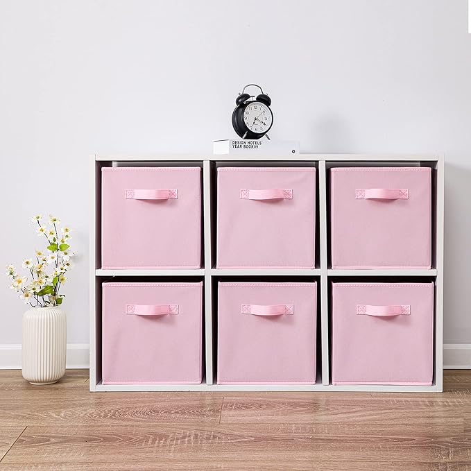 Stero 13x13x13 Inch Fabric Storage Bins 6 Pack Fun Colored Durable Storage Cubes with Handles Foldable Cube Baskets for Home, Kids Room, Closet and Toys Organization Pink