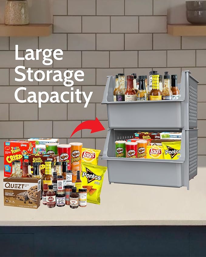 TidyFriend Plastic Stackable Storage Bins for Pantry, 2 Pack Stackable Bins for Organizing Food, Kitchen, and Bathroom Essentials (Grey)