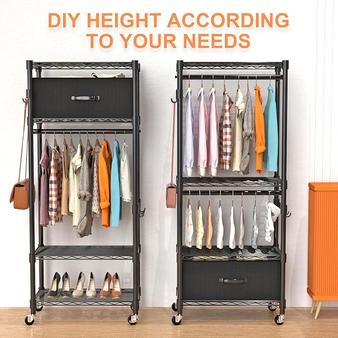 Clothes Rack, Clothing Rack for Hanging Clothes, 4 Tiers Adjustable Closet Organizer System with Drawer | Double Rods | Side Hooks | Load 445lbs | 23" L x 13.18" W x 78.74" H | Black