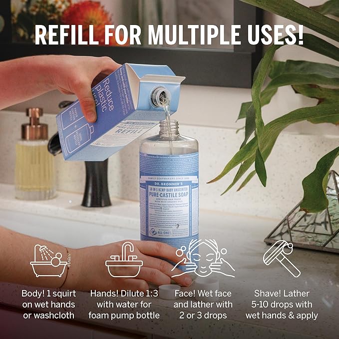 Dr. Bronner's Pure-Castile Liquid Soap Refill - Made with Regenerative Organic Certified Oils, 86% Less Plastic - 18-in-1 Uses, For Face, Body Wash, Hand Soap Refill & More - Baby Unscented, 32oz