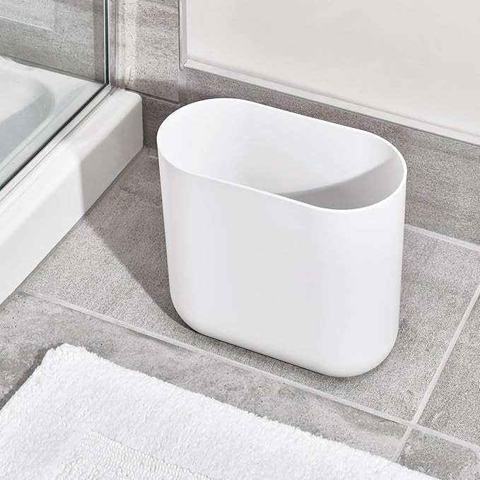 iDesign Slim Oval Plastic Waste Basket The Cade Collection, 10.56” x 5.5” x 9.77”, White