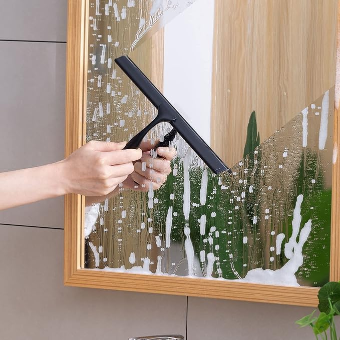Ettori Shower Squeegee for Glass Doors, Squeegee for Shower Glass Door, Window and Car Glass, Mirrors - All-Purpose Stainless Steel Squeegee, 10 Inches and Black