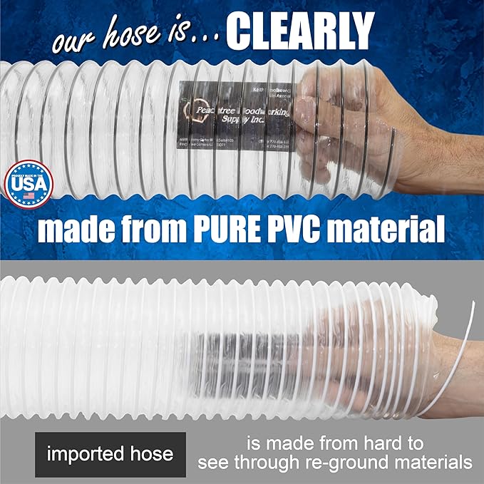 PVC Dust Collection Hose w/4 Thumbscrew Clamps, Puncture Resistant, Carbon Steel Wire, Clear Flexible PVC Dust Collector Hose, Proudly Made in USA (6" x 10')