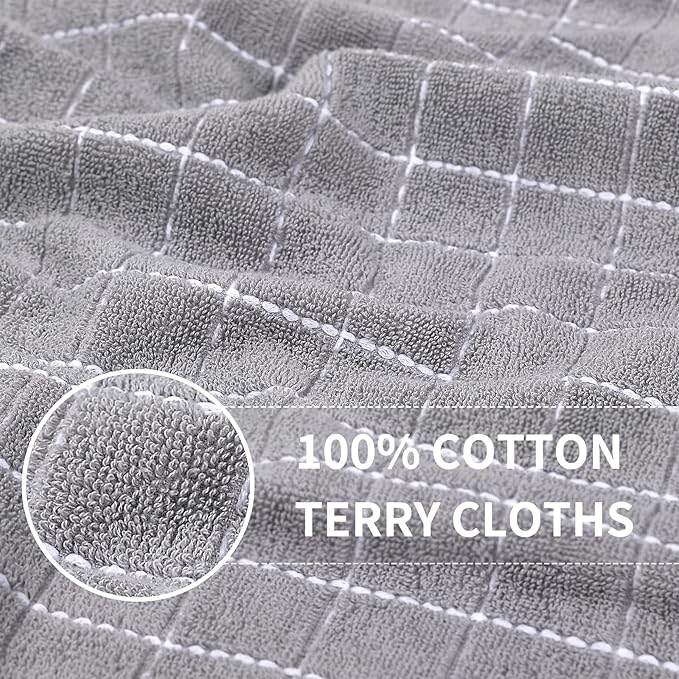 Homaxy 100% Cotton Terry Kitchen Towels(Light Grey, 13 x 28 Inches), Checkered Designed, Soft and Super Absorbent Dish Towels, 4 Pack