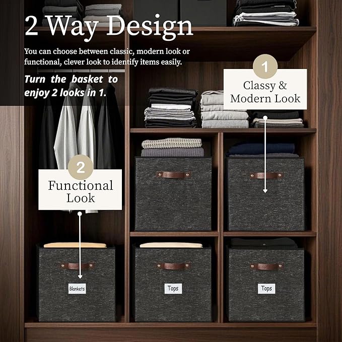 DECOMOMO Storage Bins, Cube Storage Bin with Labels, Fabric Storage Cubes for Shelves (10.5" x 11" / 6pcs, Black Pattern)