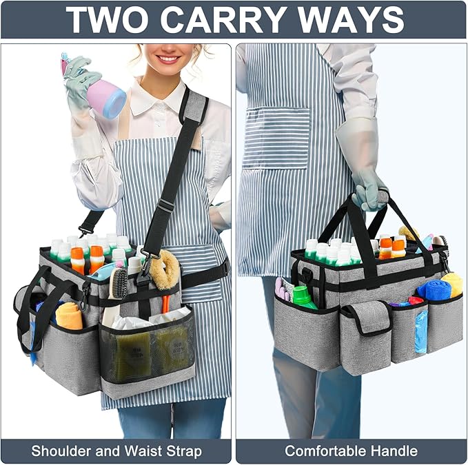 Cleaning Caddy Bag,Large Cleaning Supplies Organizer with Handle for Housekeepers,Gray