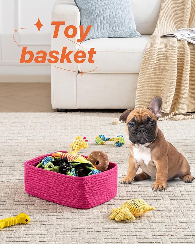 Small Woven Basket, 13.5 x 9.5 x 5 Inches, Storage Basket for Organizing, Cute Small Rope Shelf Closet Cube Storage Bins Baskets for Shelves, Dog Toy Gift Baskets Empty, 3 Packs, Hot Pink