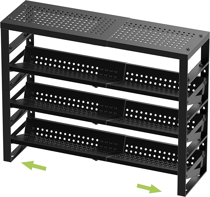 Expandable, Stackable, Adjustable Spice Rack kitchen Organizer,Metal Pantry Storage Shelves - Multi-Tier Shelf for Cabinet, Countertop, Pantries, Cupboard or Wall Mount,Black