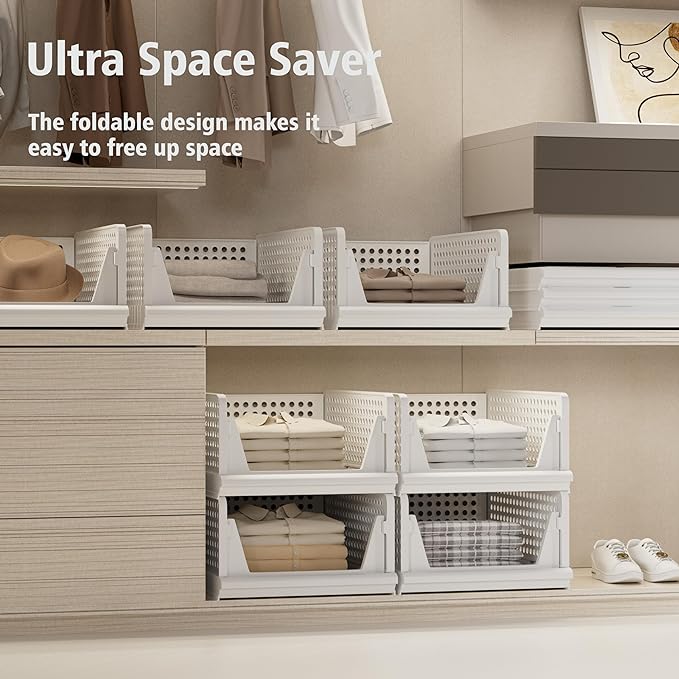 Proarea 5 Pack Stackable Plastic Storage Basket Closet Organizer Bin Foldable Clothes Organizer Storage Drawer Shelf Container for Living room Bathroom Kitchen Office (3L+2S)
