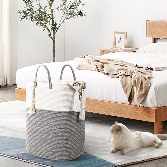 Woven Laundry Basket for Clothes, 65L Large Rectangle Laundry Hampers with Beads Tassel, Nursery Storage Basket for Toys, Tall Dirty Clothes Hamper for Bedroom Aesthetic, Laundry Room Organization