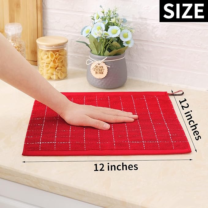 Homaxy 100% Cotton Terry Kitchen Dish Cloths, Ultra Soft and Absorbent Dish Towels for Kitchen, Suitable for Drying and Washing Dishes, 12 Pack, 12 x 12 Inches, Red