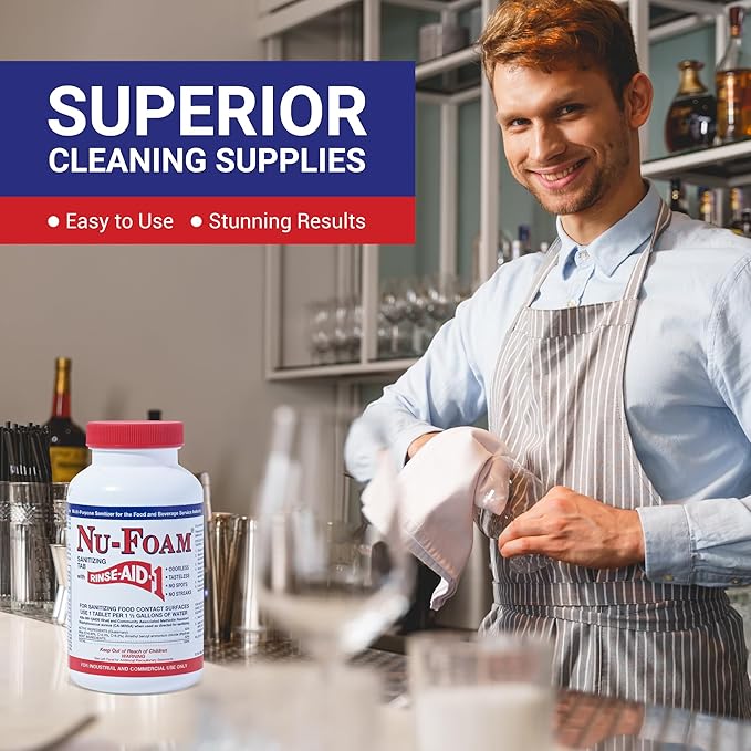 Nu-Foam Sanitizing Tablets for Bar Glassware – Superior Rinse Aid - Hand Washing Bar, Tavern, Brewery Supplies - Spotless Serving Glasses - Professional-Grade Glass Sanitation - 100 Tablets/600 Quarts