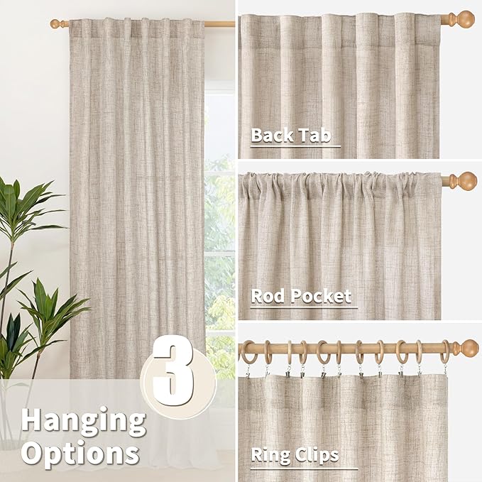 YoungsTex Natural Linen Curtains 90 Inches Long for Living Room Back Tab Textured Light Filtering Window Drapes with Ring Clips for Bedroom Dining Room, 52 X 90 Inch, 2 Panels