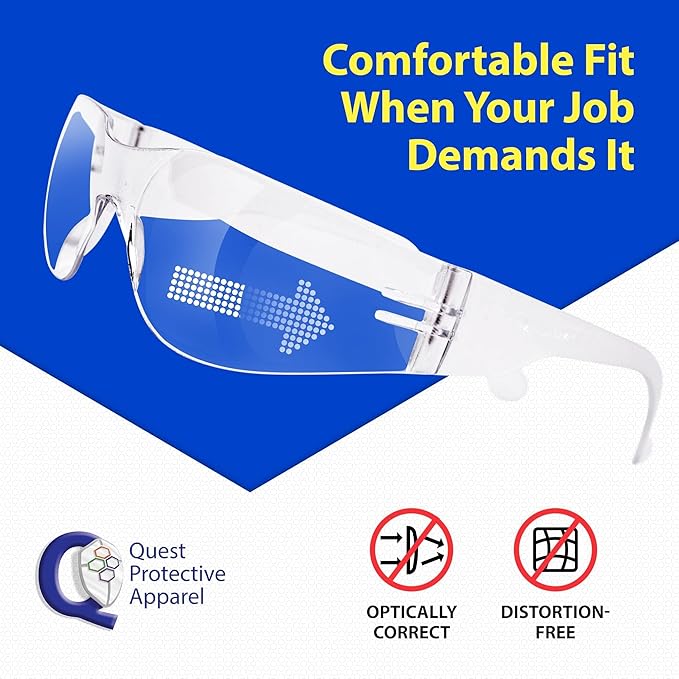 Quest Protective Apparel Safety Glasses for Men and Women - Anti Fog Safety Goggles for Shooting, Lab, or Construction – Polycarbonate Eye Protection [Clear & Pack of 12]
