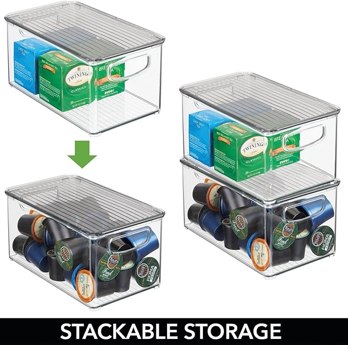 mDesign Plastic Deep Storage Bin Box Container with Lid and Built-In Handles - Organization for Fruit, Snacks, or Food in Kitchen Pantry, Cabinet, Cupboard, Ligne Collection, 4 Pack, Clear/Smoke Gray