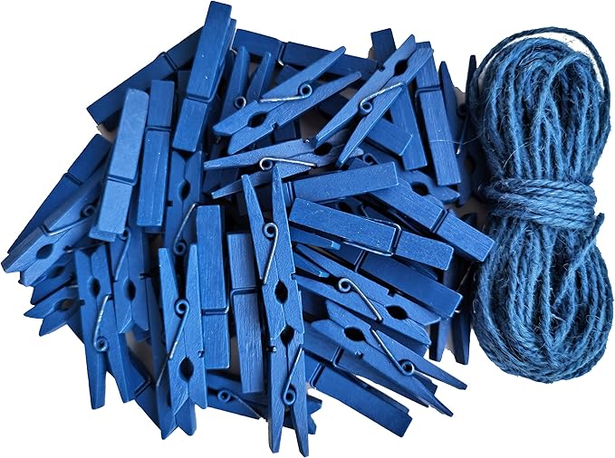 1.9 Inch Blue Clothespins Wall Decor Hang Pictures Artwork Kitchen Clips for Chip Bags with Sturdy Twine String Pack 50