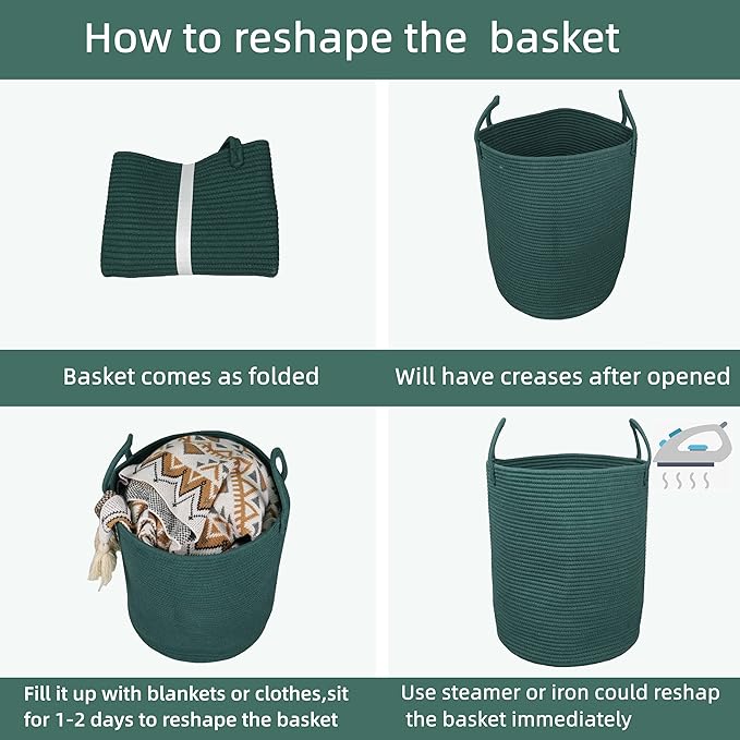 Cotton Rope Laundry Basket Hamper for Clothes Woven Storage Basket for Living Room Bedroom Boho Tall Rope Baskets for Blanket Toys Pillow Towels Baby Nursery Hamper Bin Large dark green